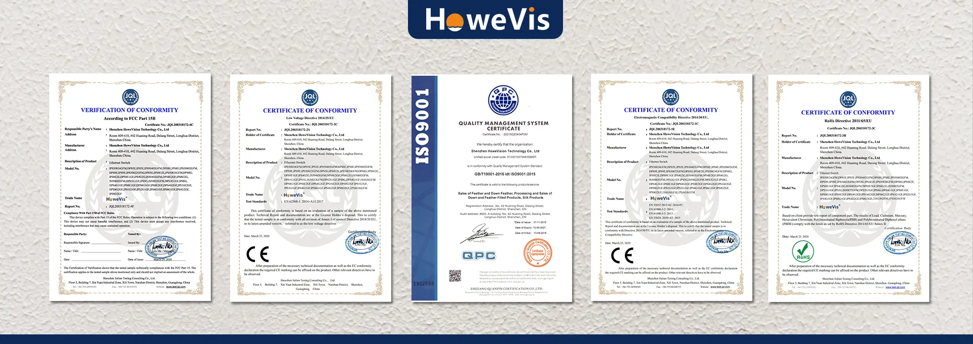 Industrial network switch with CE, FCC, RoHS, and ISO certifications, ensuring safety, EMC compliance, environmental protection, and quality management standards.