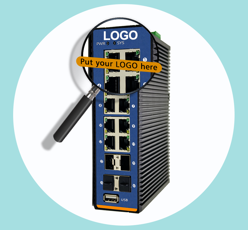 L3 managed industrial switch featuring PVC logo customization, supporting advanced routing protocols (OSPF, VPN) for branded network infrastructure.