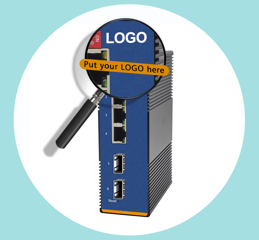 L2 managed industrial Ethernet switch with customizable PVC logo printing on housing, ideal for OEM/ODM branding and VLAN/QoS network applications