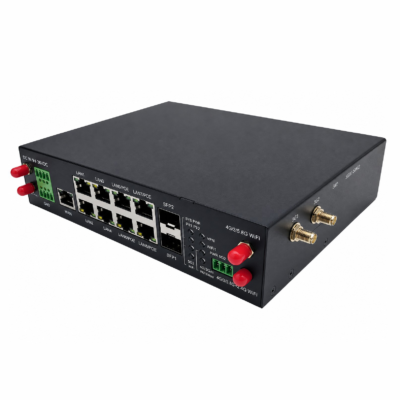 Front view of HoweVis HVT-IR93XX Industrial 5G RedCap Gateway showing 9 Gigabit ports, SFP fiber slots, and PoE+ status indicators.