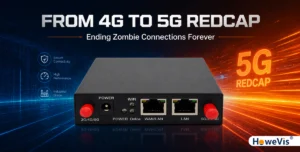 HoweVis HVT-IR25659X industrial 5G RedCap router with rugged metal shell and dual antennas, designed for mission-critical IIoT connectivity.