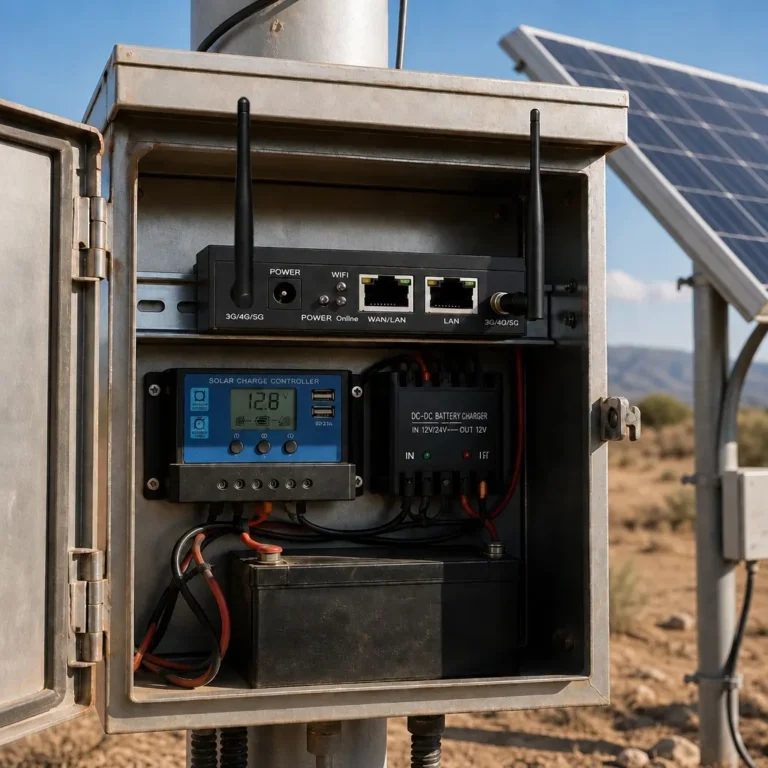 HoweVis HVT-IR25659X industrial 5G RedCap router installed in a solar-powered outdoor monitoring station cabinet for remote field connectivity.
