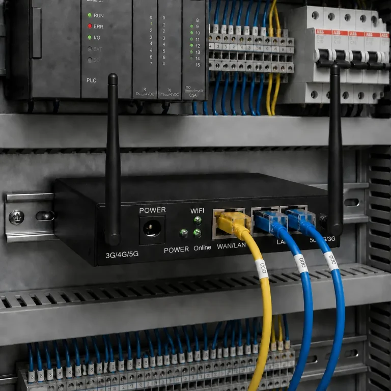 HoweVis industrial 5G RedCap router integrated with PLC modules and circuit breakers inside a smart factory control panel.