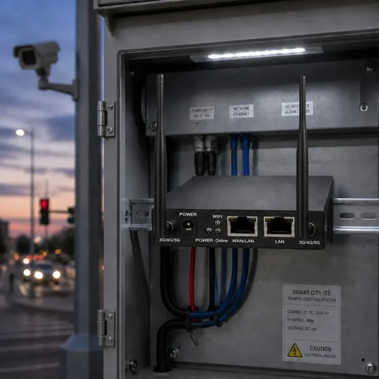 HoweVis HVT-IR25659X industrial 5G RedCap router installed in a smart city traffic control system cabinet at an urban intersection.