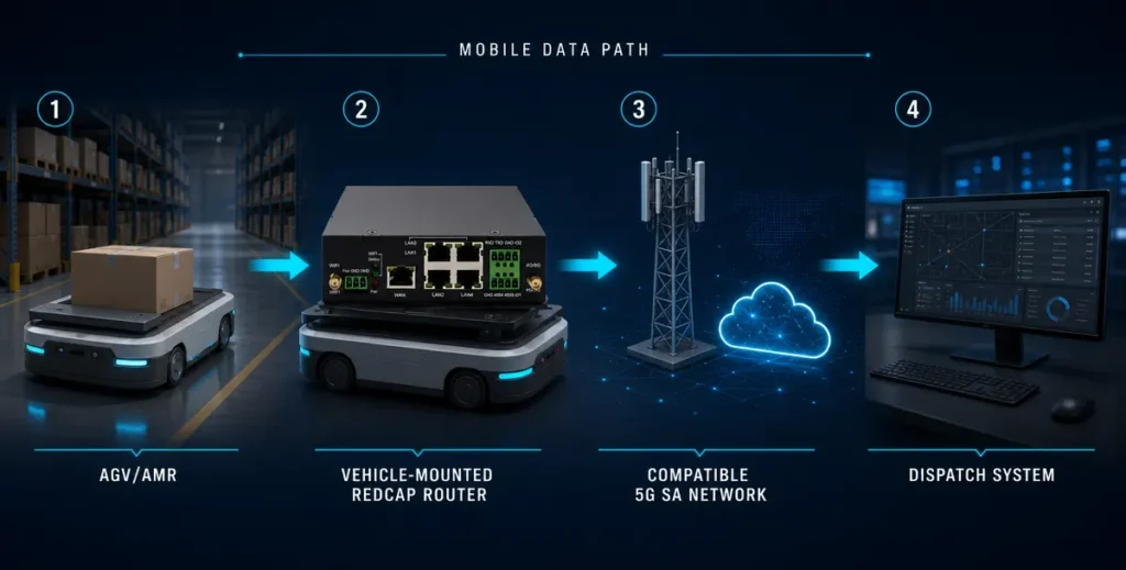 Diagram showing an AGV connected to a fleet management system through a 5G RedCap router