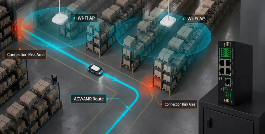 Diagram showing an AGV route through warehouse Wi-Fi access point coverage areas