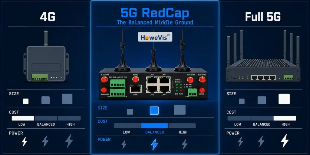 Comparison of 4G LTE, 5G RedCap and full 5G for industrial utility and IIoT connectivity